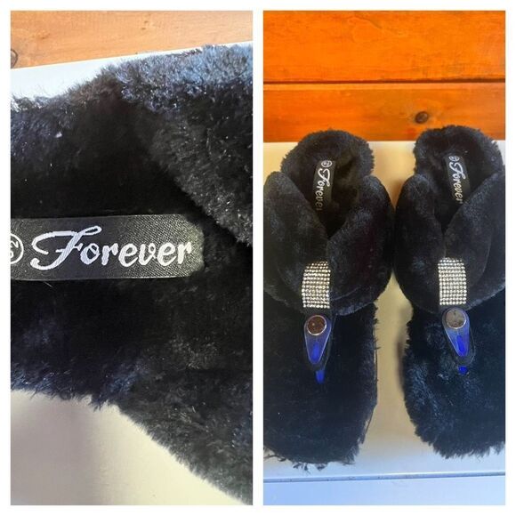 Forever Fuzzy Thong  Slippers Sz 8.5 Black NWOT - Picture 5 of 7
